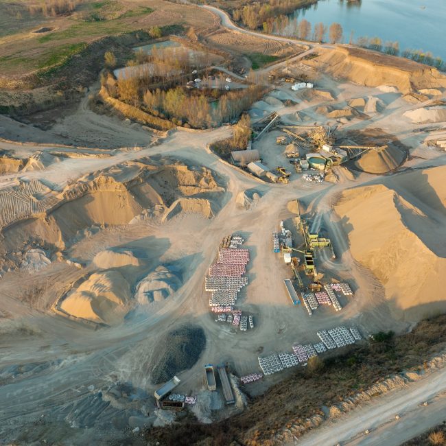 Aerial view of open pit mine of sandstone materials for construction industry