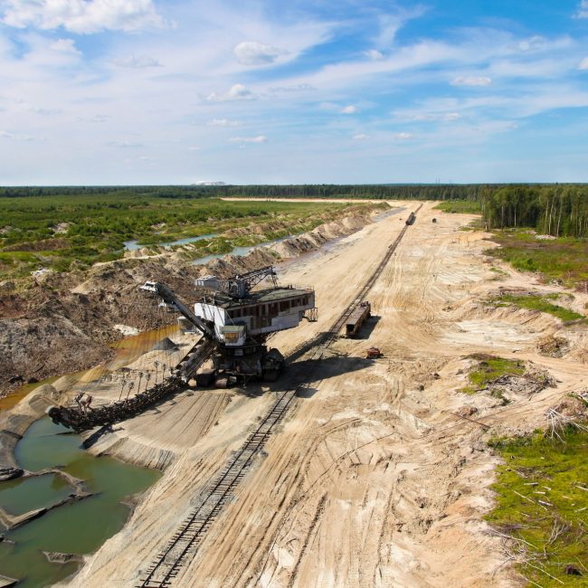 Top view at mine, railway, mining machinery